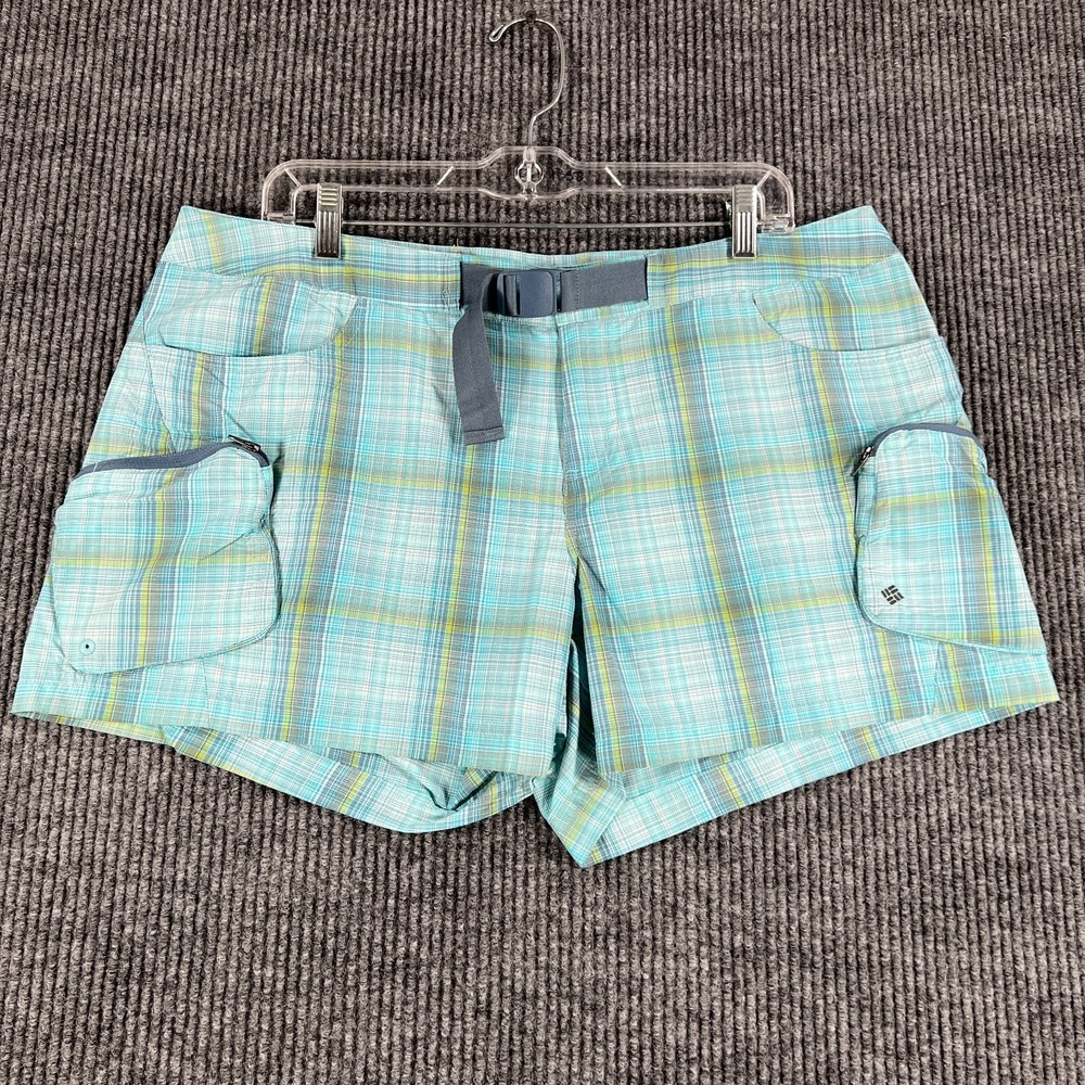 Columbia Shorts Womens Large Blue Plaid Belted Cargo Pockets Hiking Outdoor